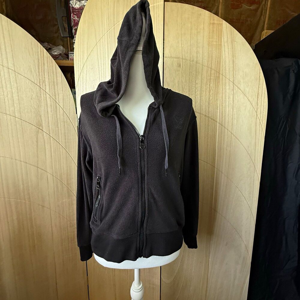 Love & Sports Womens Black Fleece Full Zip Hooded Hoodie Pockets Activewear S